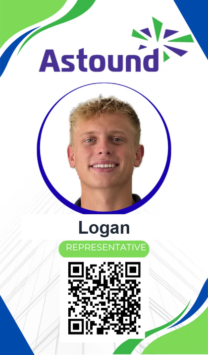 Logan's Astound badge, generated in FiberFlow: the provider's badge art, a headshot, first name, and a QR code to the rep's verification page.