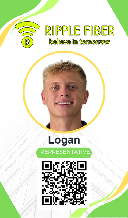 Logan's Ripple Fiber badge, generated in FiberFlow: the provider's badge art, a headshot, first name, and a QR code to the rep's verification page.